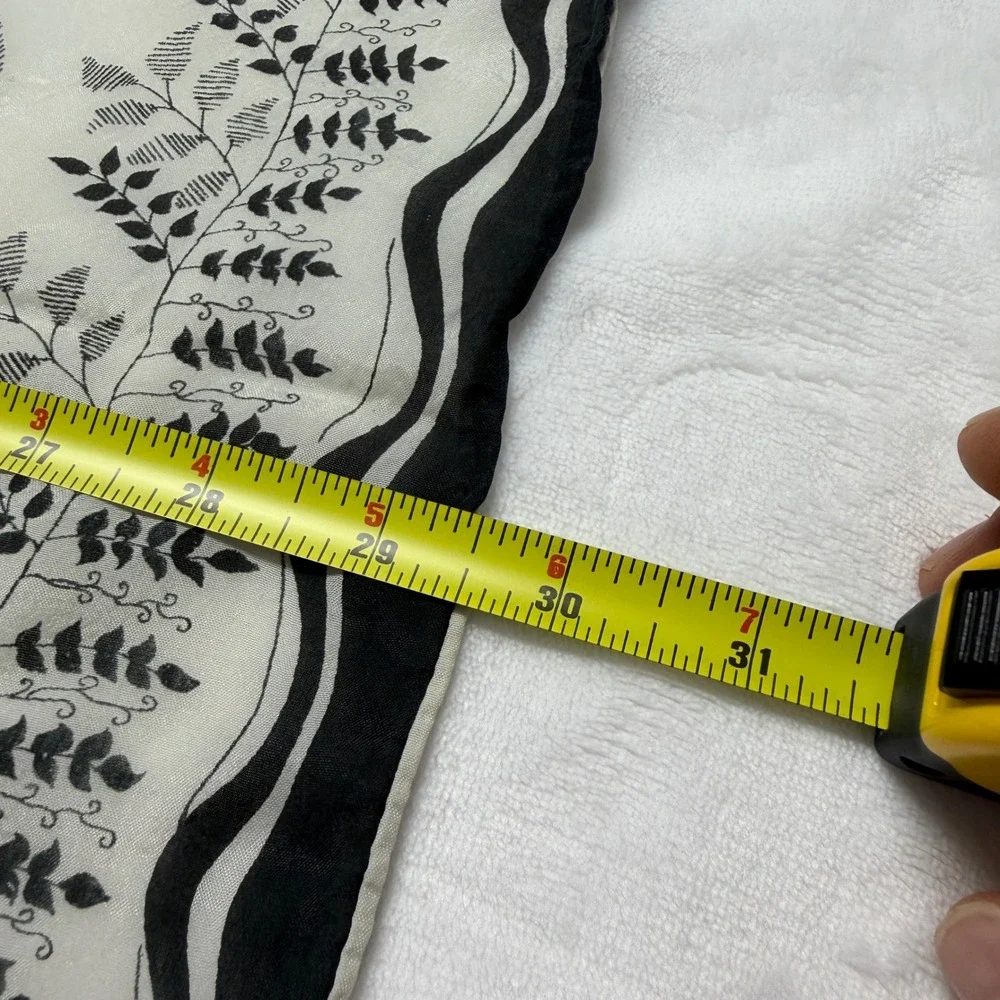 Womens Vintage Square Scarf Gray White Black Botanical Fern Leaf Hand Rolled
